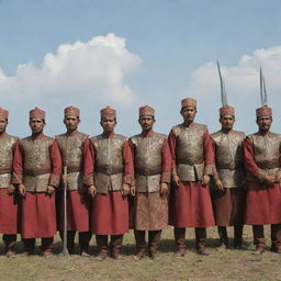 A gathering of warriors from the Aceh Sultanate, adorned in traditional armor and attire, brandishing their weapons under a clear sky.