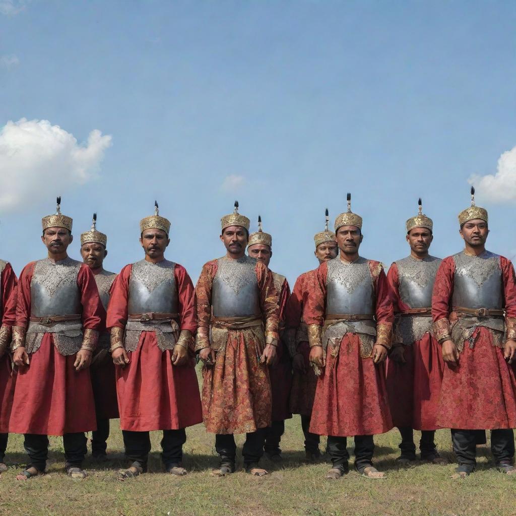 A gathering of warriors from the Aceh Sultanate, adorned in traditional armor and attire, brandishing their weapons under a clear sky.