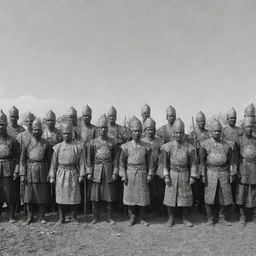 A gathering of warriors from the Aceh Sultanate, adorned in traditional armor and attire, brandishing their weapons under a clear sky.