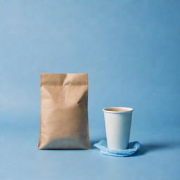 A floating coffee bag and a CP in a palette of blues and pale colors.