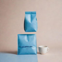 A floating coffee bag and a CP in a palette of blues and pale colors.