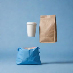 A floating coffee bag and a CP in a palette of blues and pale colors.