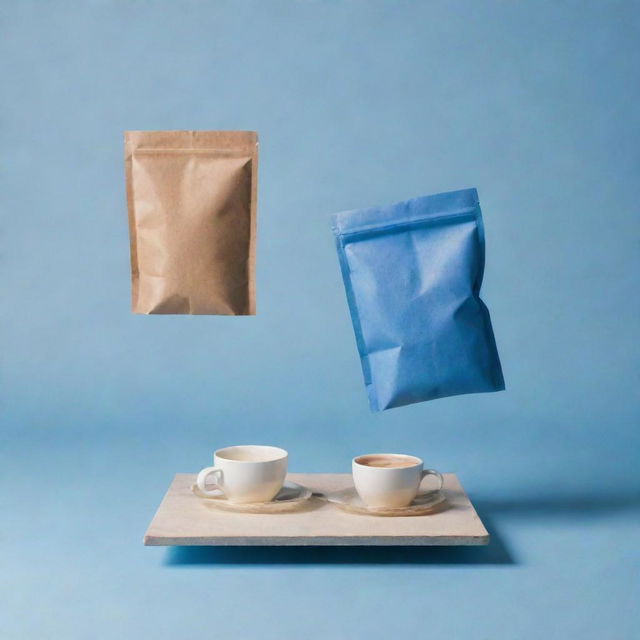 A floating coffee bag and a CP in a palette of blues and pale colors.