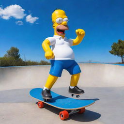 Homer Simpson joyfully skating on a wide, smooth-surfaced skate park, with a bold blue sky as the backdrop.