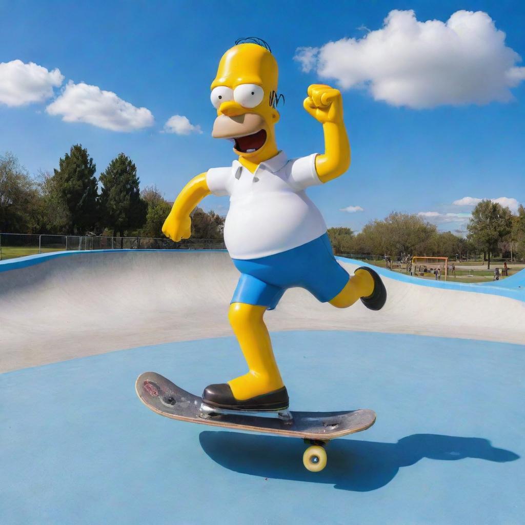 Homer Simpson joyfully skating on a wide, smooth-surfaced skate park, with a bold blue sky as the backdrop.