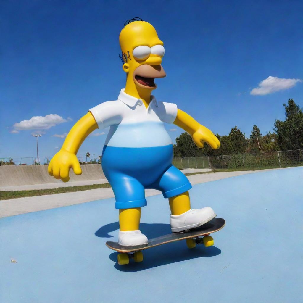 Homer Simpson joyfully skating on a wide, smooth-surfaced skate park, with a bold blue sky as the backdrop.