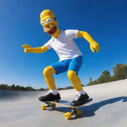 Homer Simpson joyfully skating on a wide, smooth-surfaced skate park, with a bold blue sky as the backdrop.