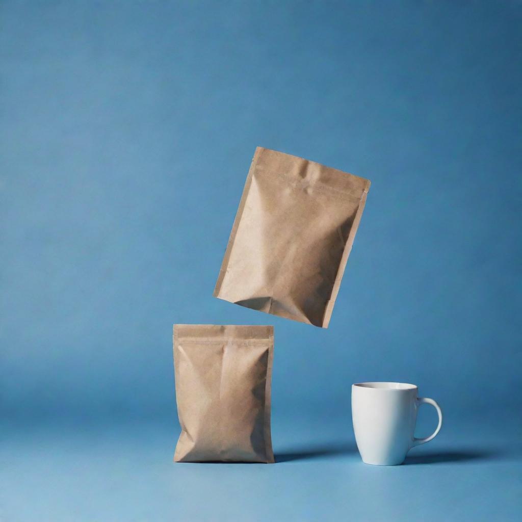 Floating coffee bag and cup against a shaded blue background, rendered in a pale, cinematic poster style