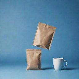 Floating coffee bag and cup against a shaded blue background, rendered in a pale, cinematic poster style