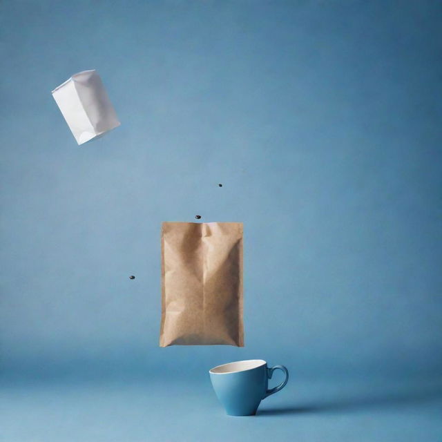 Floating coffee bag and cup against a shaded blue background, rendered in a pale, cinematic poster style