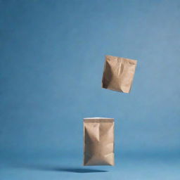 Floating coffee bag and cup against a shaded blue background, rendered in a pale, cinematic poster style