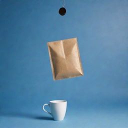 Floating coffee bag and cup against a shaded blue background, rendered in a pale, cinematic poster style