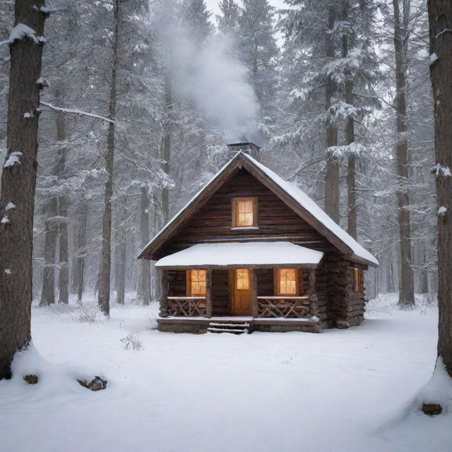 A peaceful woodland scene with a small, cozy log cabin, surrounded by tall, mature trees. A light snow is falling, and smoke curls up from the chimney, signaling a warm fire inside.