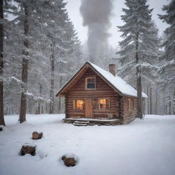 A peaceful woodland scene with a small, cozy log cabin, surrounded by tall, mature trees. A light snow is falling, and smoke curls up from the chimney, signaling a warm fire inside.