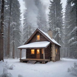 A peaceful woodland scene with a small, cozy log cabin, surrounded by tall, mature trees. A light snow is falling, and smoke curls up from the chimney, signaling a warm fire inside.