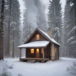 A peaceful woodland scene with a small, cozy log cabin, surrounded by tall, mature trees. A light snow is falling, and smoke curls up from the chimney, signaling a warm fire inside.