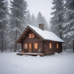 A peaceful woodland scene with a small, cozy log cabin, surrounded by tall, mature trees. A light snow is falling, and smoke curls up from the chimney, signaling a warm fire inside.