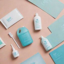 Design for a cleaning material company showcasing a variety of their products, with a focus on cleanliness, efficacy, and environmental friendliness represented through bright and soothing color schemes.