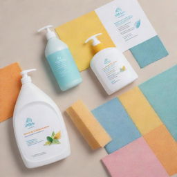 Design for a cleaning material company showcasing a variety of their products, with a focus on cleanliness, efficacy, and environmental friendliness represented through bright and soothing color schemes.