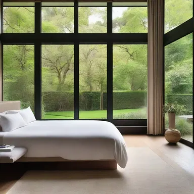 The sequestered master bedroom in the house features large windows overlooking the tranquil garden, providing privacy and seclusion.