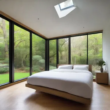 The sequestered master bedroom in the house features large windows overlooking the tranquil garden, providing privacy and seclusion.