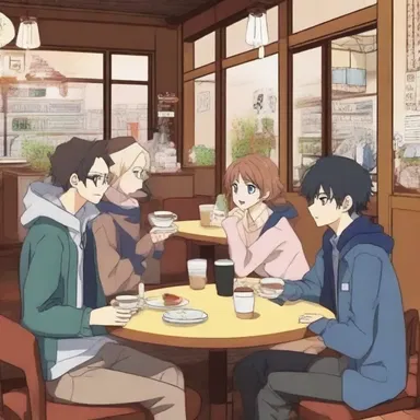 In the popular anime show, the main characters frequently gather at a local café to dine and discuss their adventures.