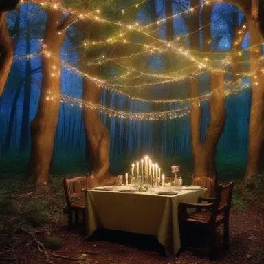 In the magical land of elves and wizards, people often dine in enchanted forests under twinkling stars.