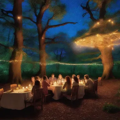 In the magical land of elves and wizards, people often dine in enchanted forests under twinkling stars.