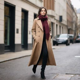 A stylish woman walking down a bustling city street during autumn. She's wearing a long, elegant brown trench coat, with a burgundy scarf draped around her neck, and classic black boots.