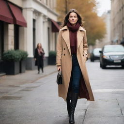 A stylish woman walking down a bustling city street during autumn. She's wearing a long, elegant brown trench coat, with a burgundy scarf draped around her neck, and classic black boots.