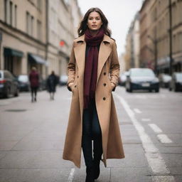 A stylish woman walking down a bustling city street during autumn. She's wearing a long, elegant brown trench coat, with a burgundy scarf draped around her neck, and classic black boots.