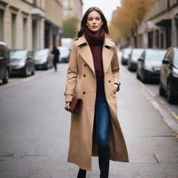 A stylish woman walking down a bustling city street during autumn. She's wearing a long, elegant brown trench coat, with a burgundy scarf draped around her neck, and classic black boots.