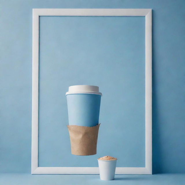 A cinematic poster showcasing a floating coffee bag and take away coffee cup bathed in pale and blue tones.