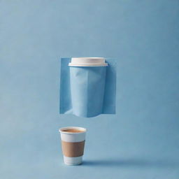 A cinematic poster showcasing a floating coffee bag and take away coffee cup bathed in pale and blue tones.