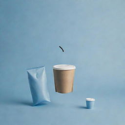 A cinematic poster showcasing a floating coffee bag and take away coffee cup bathed in pale and blue tones.