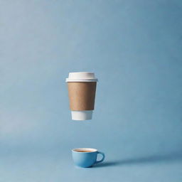 A cinematic poster showcasing a floating coffee bag and take away coffee cup bathed in pale and blue tones.