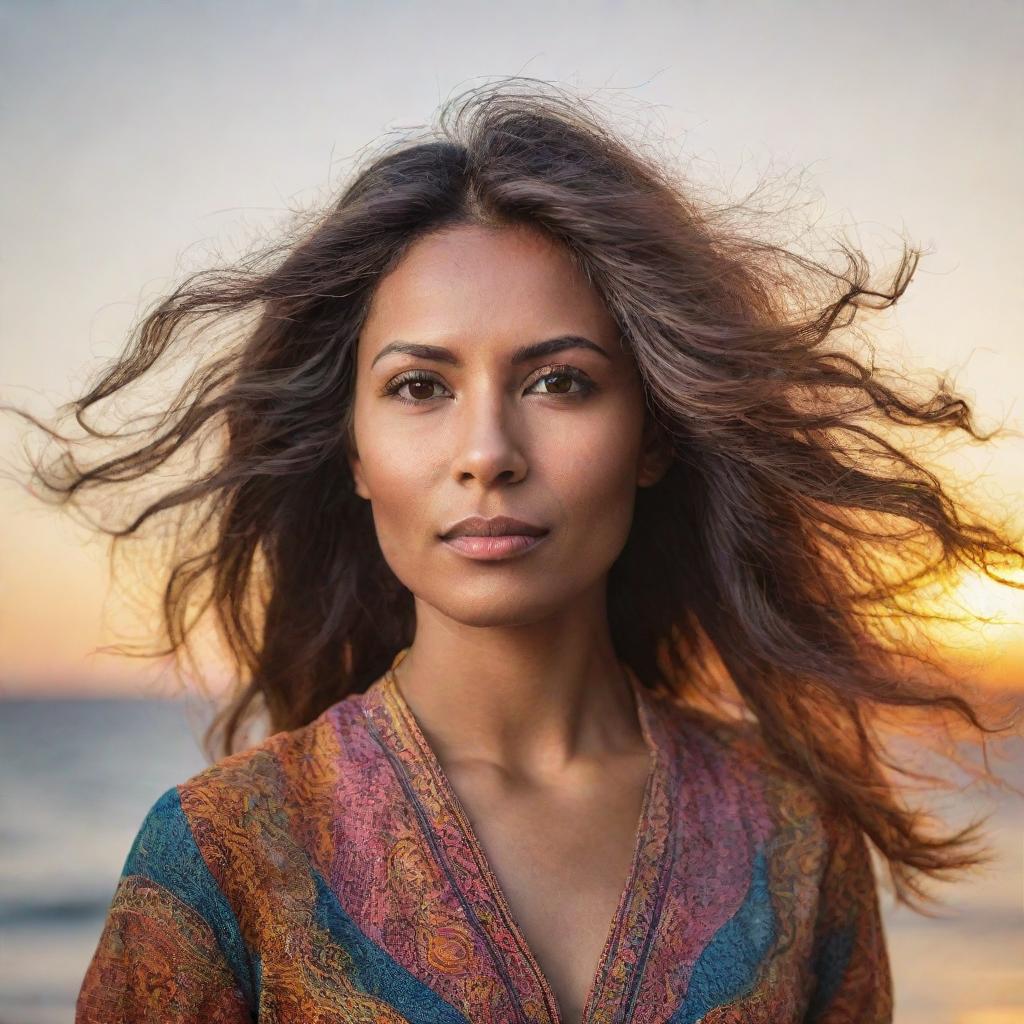 A detailed portrait of a confident woman, adorned in vibrant clothing, with her hair flowing against a calm, sunset backdrop.