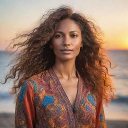 A detailed portrait of a confident woman, adorned in vibrant clothing, with her hair flowing against a calm, sunset backdrop.