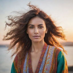 A detailed portrait of a confident woman, adorned in vibrant clothing, with her hair flowing against a calm, sunset backdrop.