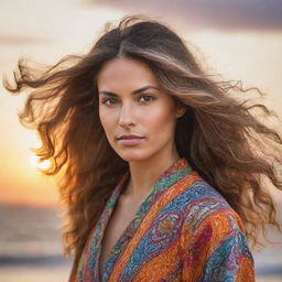 A detailed portrait of a confident woman, adorned in vibrant clothing, with her hair flowing against a calm, sunset backdrop.