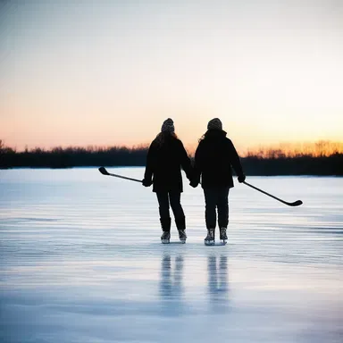 As the sun set, the couple skated together on the frozen lake, their hockey sticks intertwined like a symbol of their love.