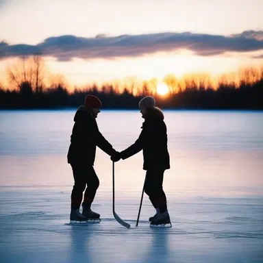 As the sun set, the couple skated together on the frozen lake, their hockey sticks intertwined like a symbol of their love.