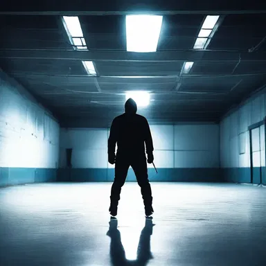 In the eerie silence of the abandoned ice-skating rink, a shadowy figure emerged from the darkness, brandishing a hockey stick like a weapon.
