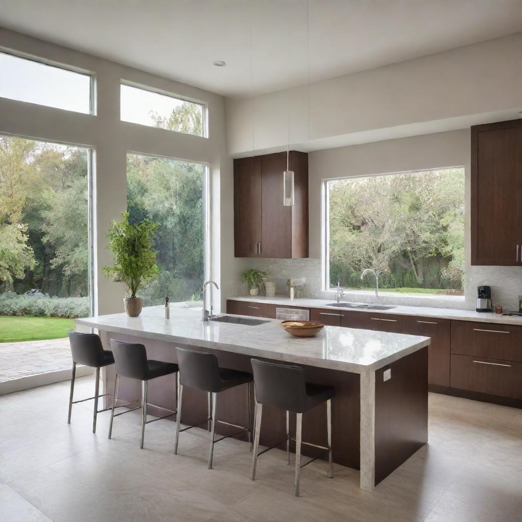 An airy, modern open concept kitchen with high ceilings, stainless steel appliances, a large marble island in the center with stylish bar stools, sunlight streaming in from large windows and a view of a manicured garden.