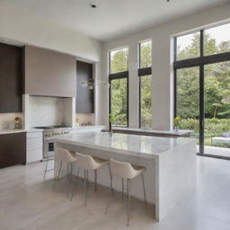 An airy, modern open concept kitchen with high ceilings, stainless steel appliances, a large marble island in the center with stylish bar stools, sunlight streaming in from large windows and a view of a manicured garden.