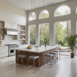 An airy, modern open concept kitchen with high ceilings, stainless steel appliances, a large marble island in the center with stylish bar stools, sunlight streaming in from large windows and a view of a manicured garden.