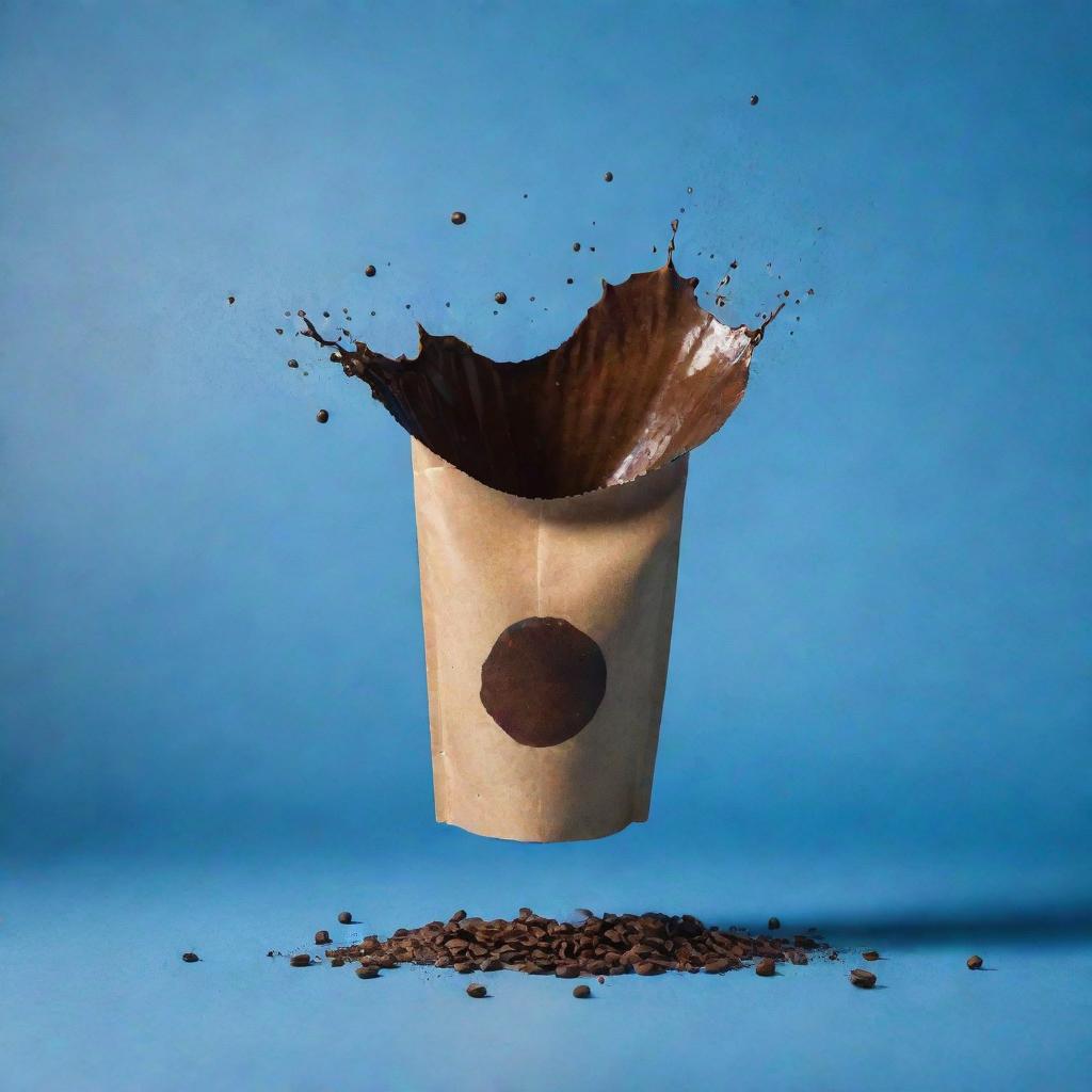 A cinematic poster featuring a floating coffee bag and take away coffee cup amidst coffee splashes, set against a shaded blue background, surrounded by coffee beans.