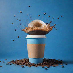 A cinematic poster featuring a floating coffee bag and take away coffee cup amidst coffee splashes, set against a shaded blue background, surrounded by coffee beans.