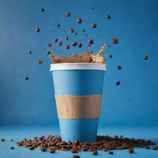 A cinematic poster featuring a floating coffee bag and take away coffee cup amidst coffee splashes, set against a shaded blue background, surrounded by coffee beans.