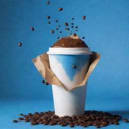 A cinematic poster featuring a floating coffee bag and take away coffee cup amidst coffee splashes, set against a shaded blue background, surrounded by coffee beans.